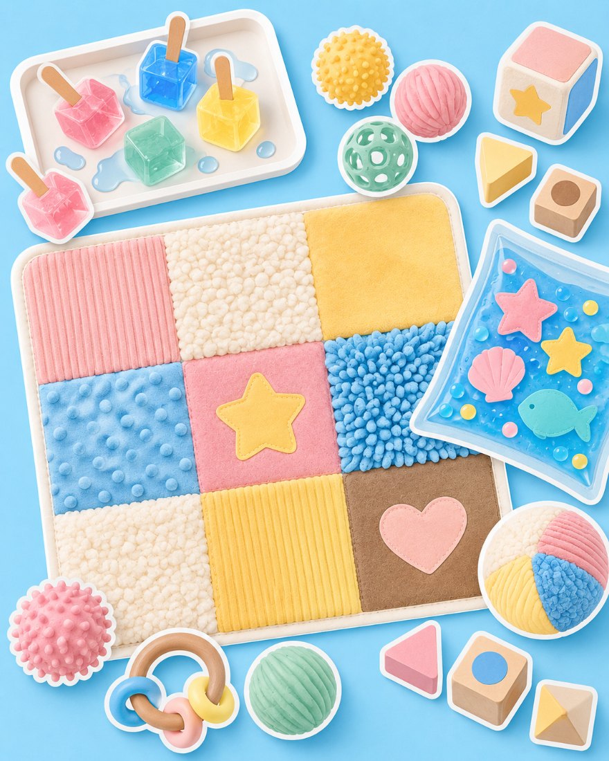 Illustration of a baby sensory mat with textured fabrics, colored ice and soft toys