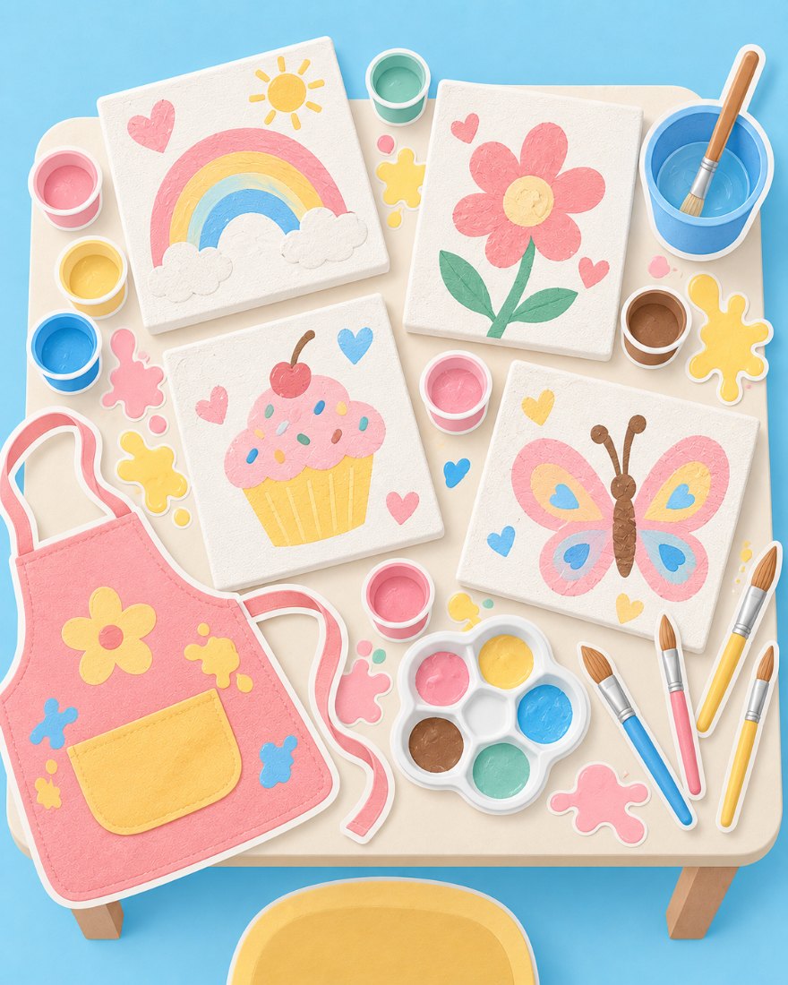 Illustration of small canvases on easels with brushes, paint pots and aprons