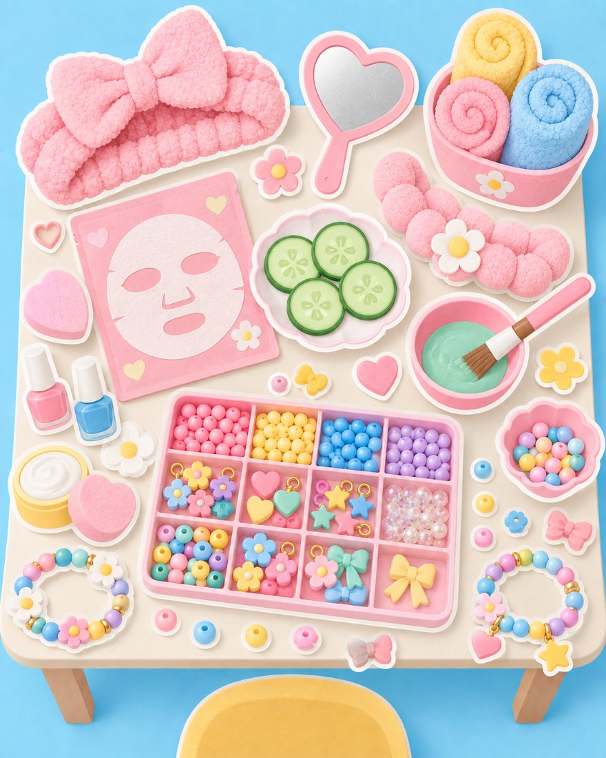Illustration of a spa headband, cucumber slices, a heart mirror and bead bracelets