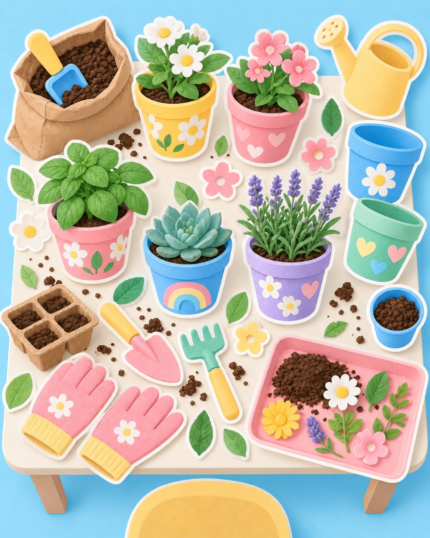 Illustration of decorated flower pots with small plants, a mini shovel and a watering can