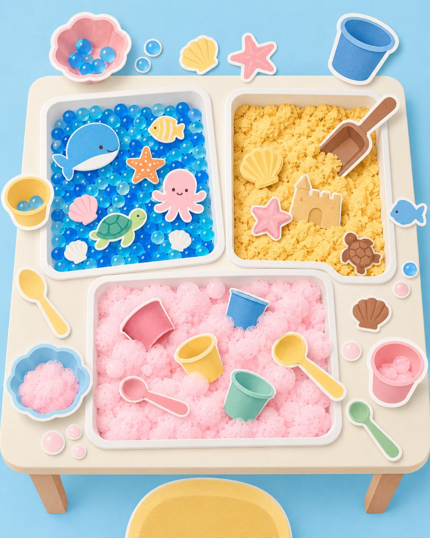 Illustration of three sensory bins with water beads, sand, foam and scooping tools